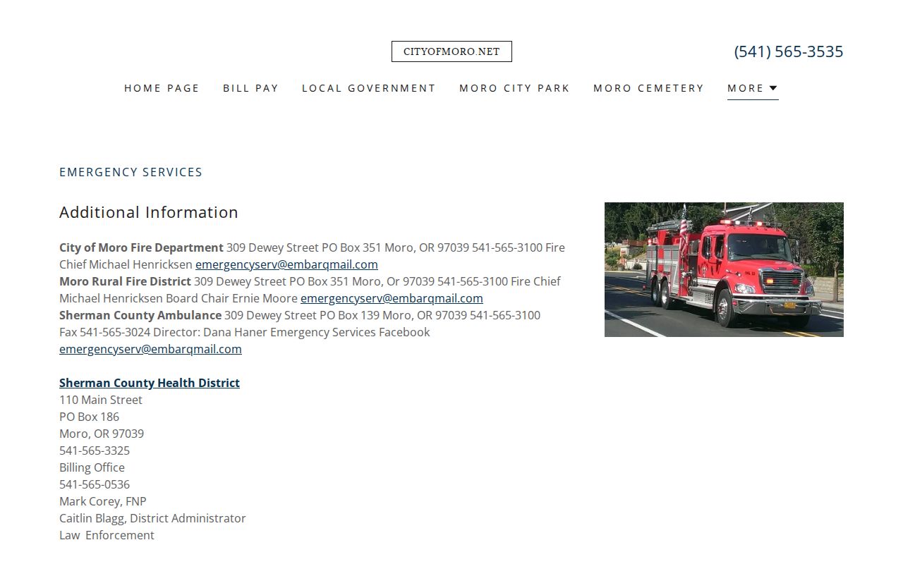 Moro emergency services page identifying Sherman County Sheriff’s Office as law enforcement