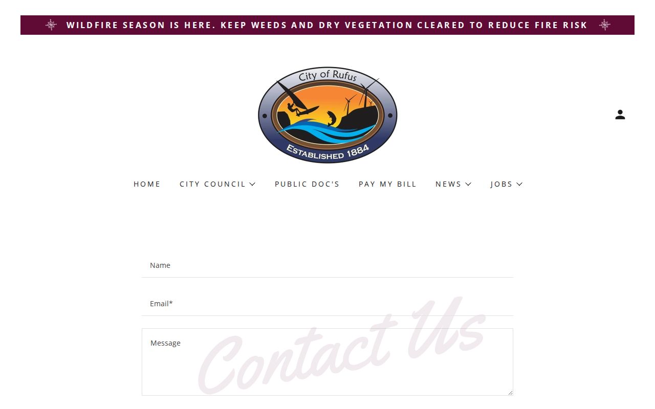Rufus city contact page showing municipal contact information